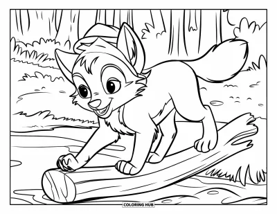 Wolfswelpen-Ausmalbild für Kinder: Ein neugieriges Wolfsjunges mit Mütze läuft auf einem Baumstamm im Wald