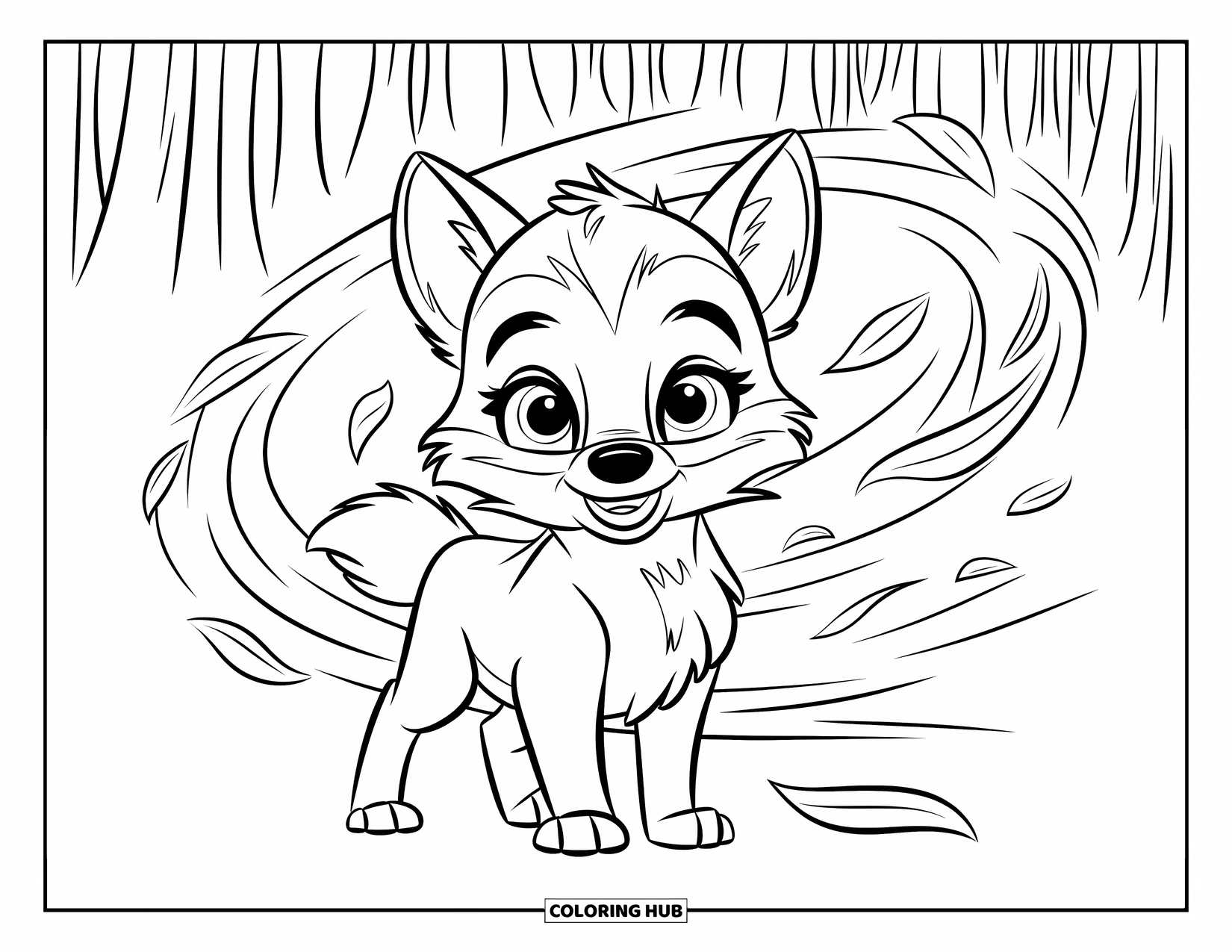 Baby Wolf Coloring Page for Kids: Cute wolf pup surrounded by swirling leaves in the forest