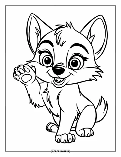 Wolfswelpen-Ausmalbild für Kinder: Ein niedlicher Wolfswelpe winkt mit großen Augen und fluffigem Fell
