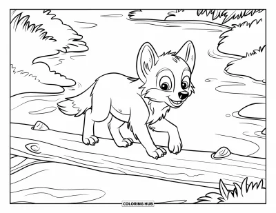 Wolfswelpen-Ausmalbild für Kinder: Ein flauschiger Wolfswelpe läuft über einen Baumstamm über stillem Wasser