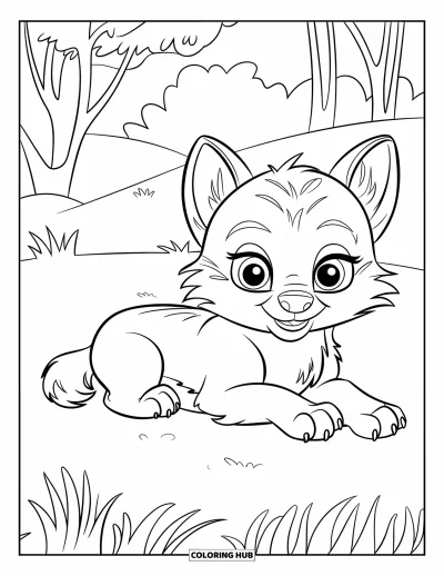 Wolfswelpen-Ausmalbild für Kinder: Ein flauschiger Wolfswelpe mit strahlenden Augen liegt auf einem stillen Hügel