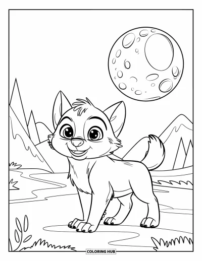 Wolfswelpen-Ausmalbild für Kinder: Ein fröhliches Wolfsjunges heult bei einem runden Mond nahe Bergen und Bäumen
