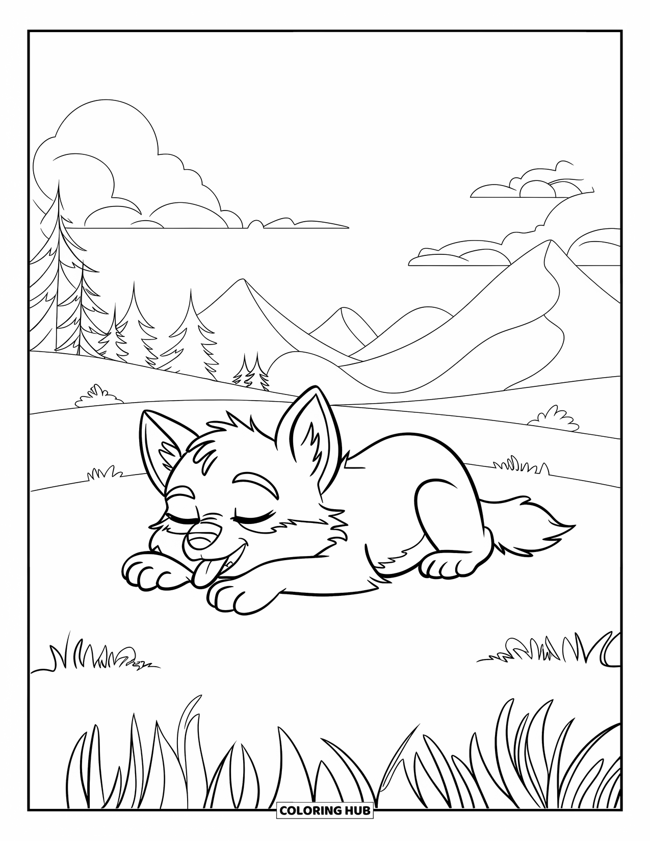 Baby Wolf Coloring Page for Kids: Happy wolf pup lies on a grassy hill with tongue sticking out