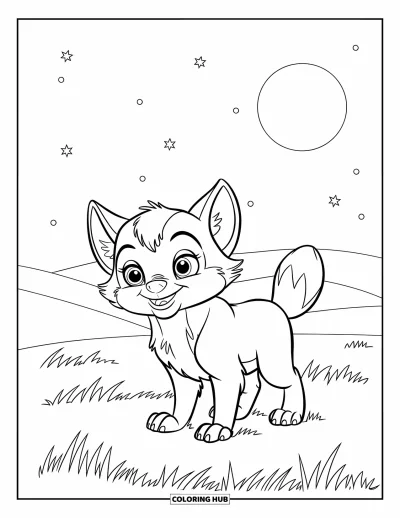 Wolfswelpen-Ausmalbild für Kinder: Ein verspielter Wolfswelpe heult beim Mond von einem Grashügel