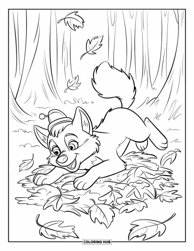 Wolfswelpen-Ausmalbild für Kinder: Ein verspielter Wolfswelpe mit Mütze wälzt sich in Herbstblättern