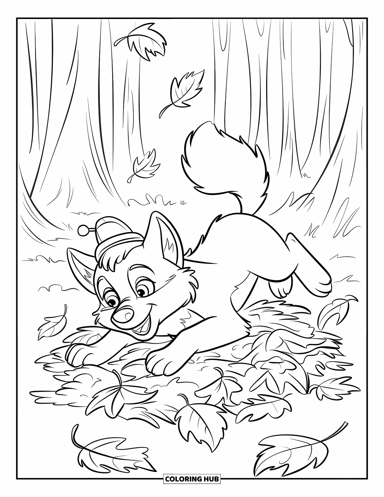 Baby Wolf Coloring Page for Kids: Playful wolf pup in a cap rolls in autumn leaves