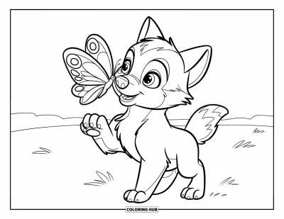Wolfswelpen-Ausmalbild für Kinder: Ein verspielter Wolfswelpe steht auf den Hinterbeinen mit einem Schmetterling auf der Nase