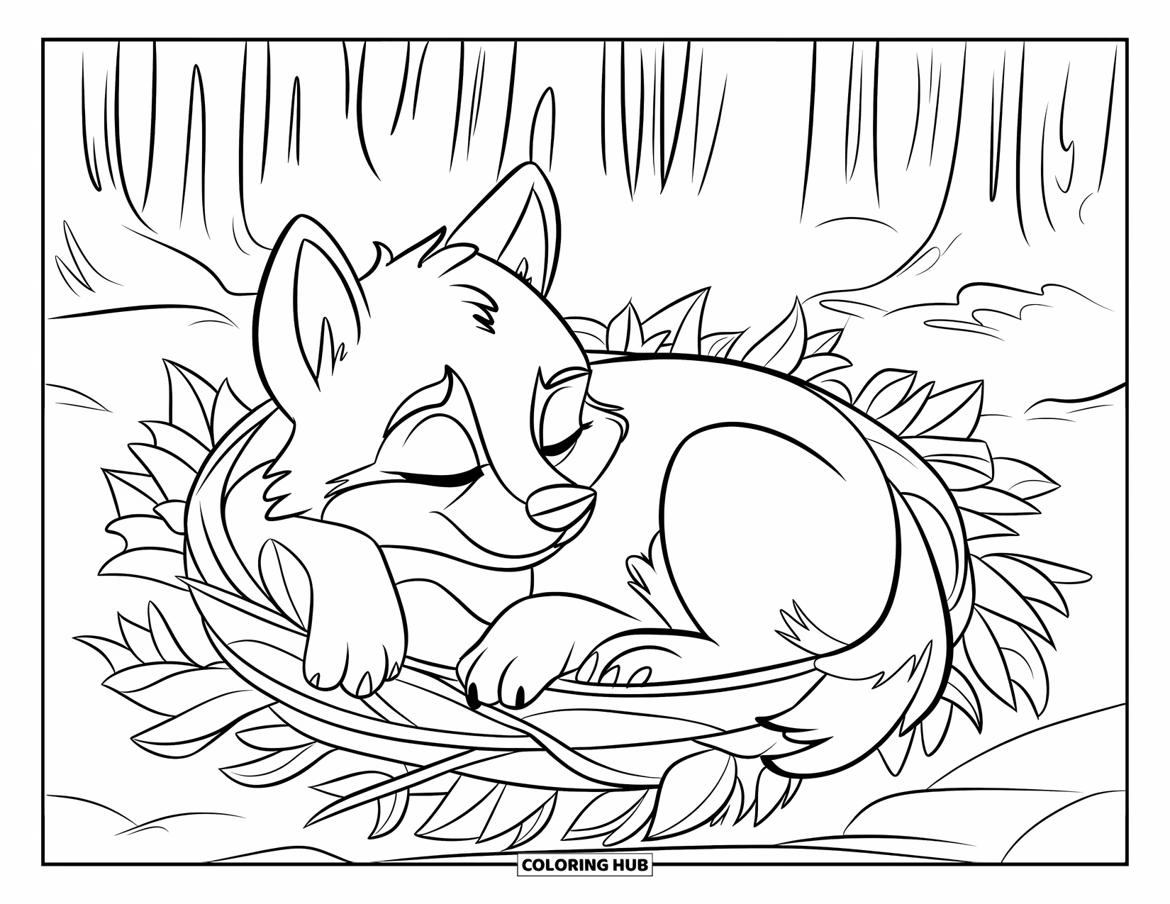 Baby Wolf Coloring Page for Kids: Sleeping wolf pup rests in a soft leafy nest