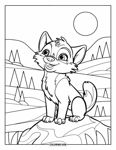 Wolfswelpen-Ausmalbild für Kinder: Ein lächelndes Wolfsjunges heult leise beim Mond auf einem Felsen