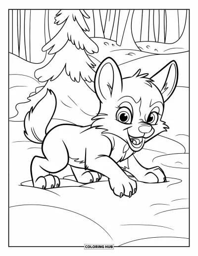 Wolfswelpen-Ausmalbild für Kinder: Ein Wolfsjunges kauert im Schnee zwischen hohen Reifbäumen