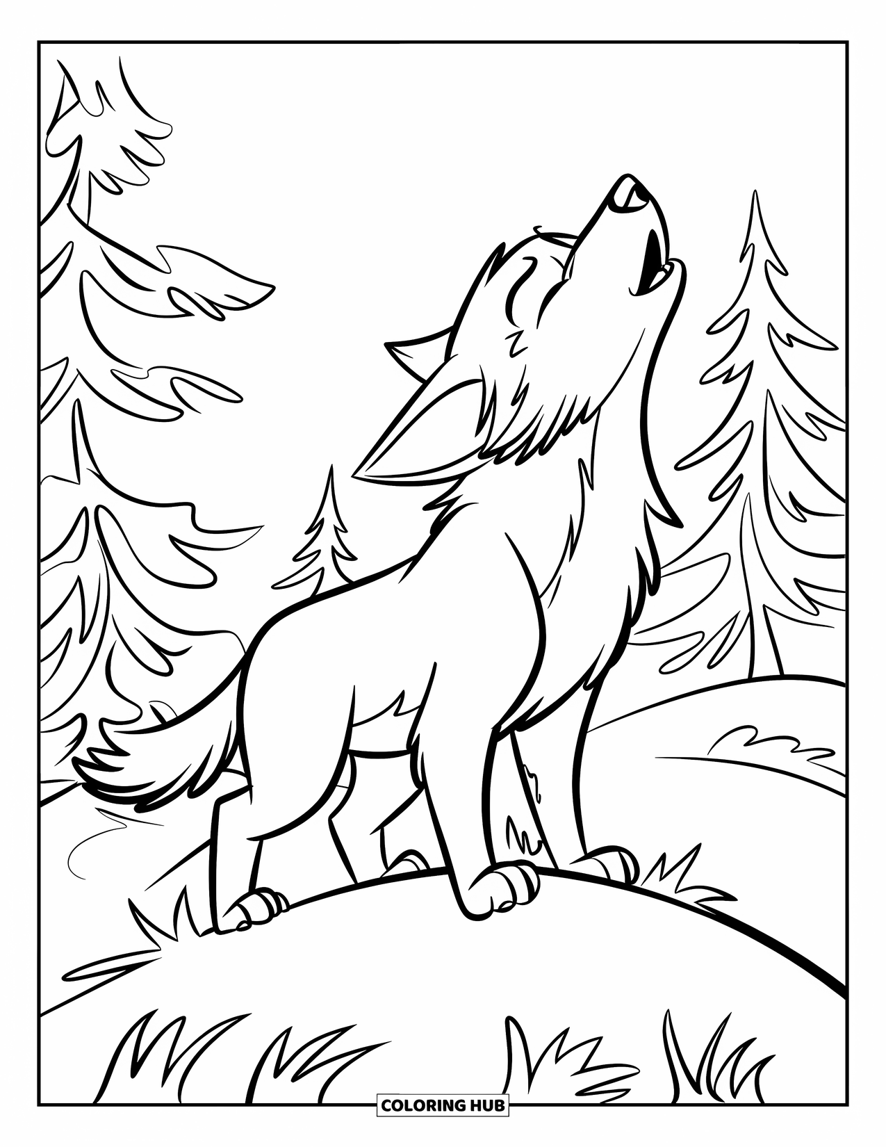 Baby Wolf Coloring Page for Kids: Wolf cub howls on a mound with pine trees nearby