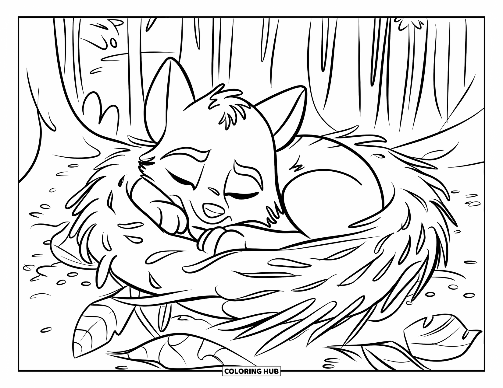 Baby Wolf Coloring Page for Kids: Wolf cub nestles in twigs and leaves with eyes closed