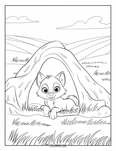 Wolfswelpen-Ausmalbild für Kinder: Ein Wolfsjunges lugt aus einer Felshöhle auf einer Wiese hervor