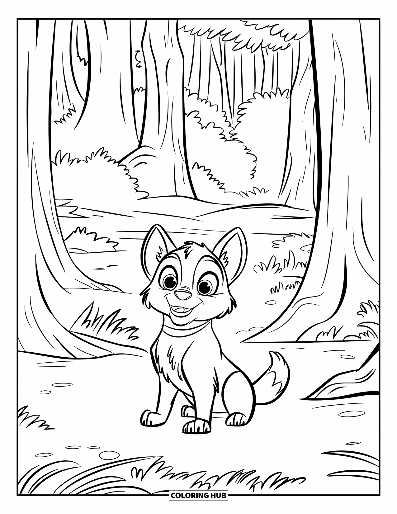 Baby Wolf Coloring Page for Kids: Wolf cub with a collar sits among tall forest trees
