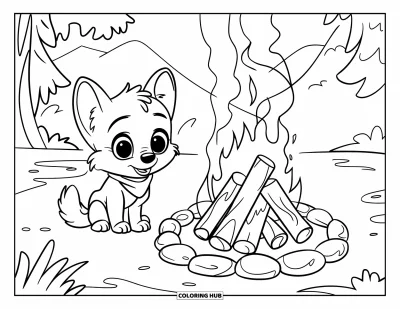 Wolfswelpen-Ausmalbild für Kinder: Ein Wolfsjunges mit Schal sitzt nahe einem qualmenden Feuer