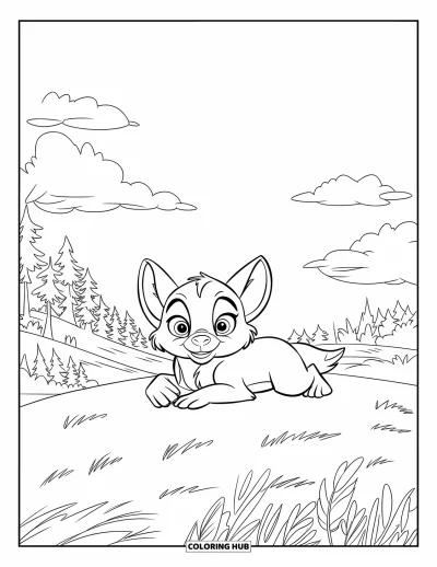 Wolfswelpen-Ausmalbild für Kinder: Ein Wolfsjunges mit großen Ohren entspannt auf einem Grashügel nahe dem Wald