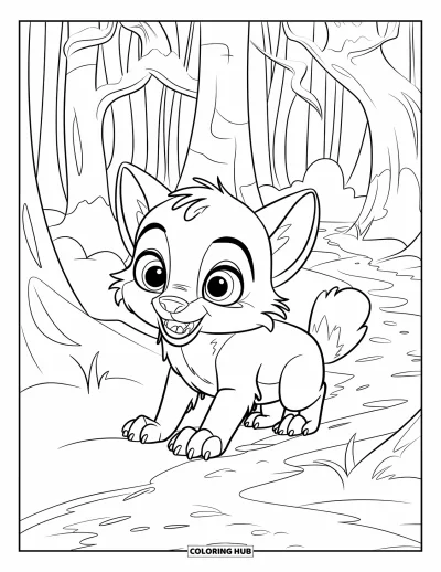 Wolfswelpen-Ausmalbild für Kinder: Ein Wolfswelpe kauert im Schnee unter hohen Winterbäumen