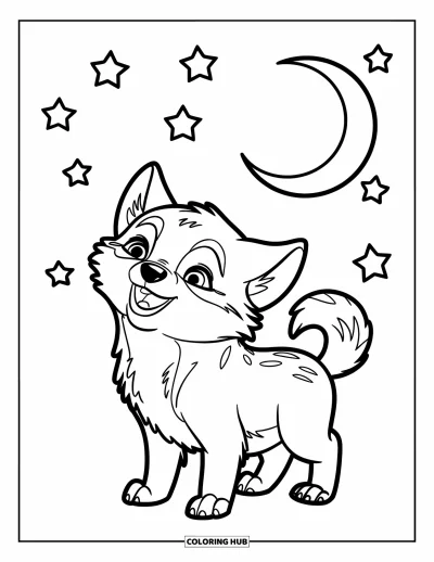 Wolfswelpen-Ausmalbild für Kinder: Ein Wolfswelpe heult sanft unter Mond und Sternen