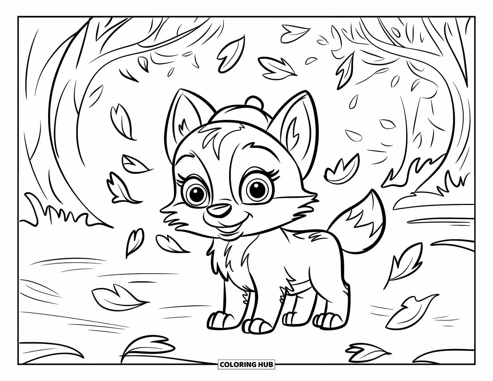 Baby Wolf Coloring Page for Kids: Wolf pup in a hat stands among swirling autumn leaves