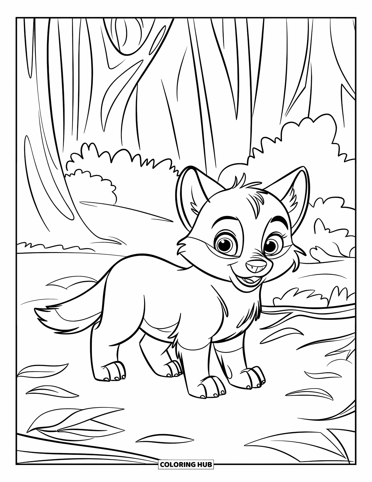 Baby Wolf Coloring Page for Kids: Wolf pup sits in a leafy forest clearing