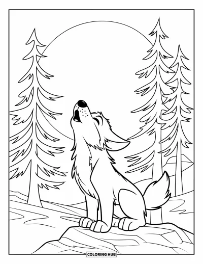 Wolfswelpen-Ausmalbild für Kinder: Ein Wolfswelpe sitzt auf einem Felsen und heult beim leuchtenden Mond