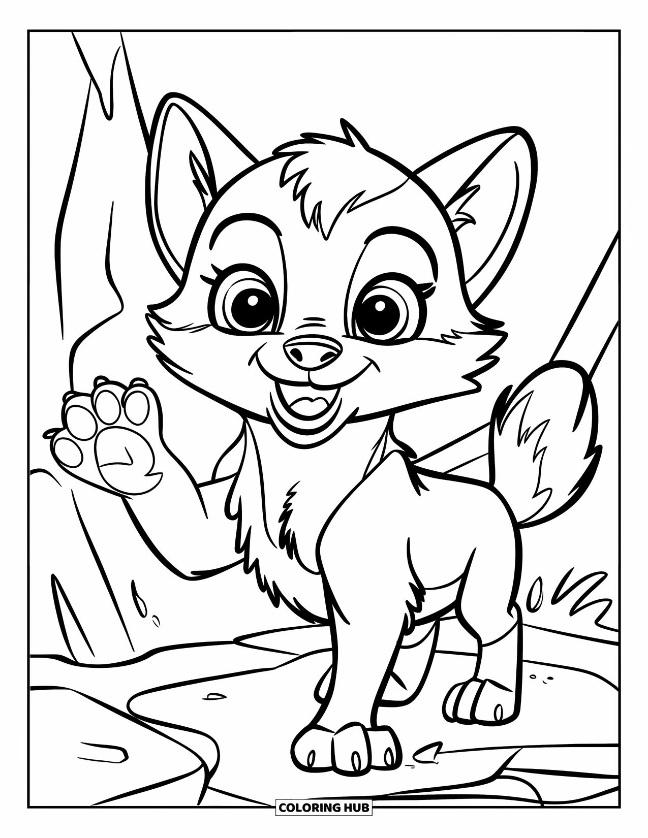 Baby Wolf Coloring Page for Kids: Wolf pup waves while standing on rocky terrain