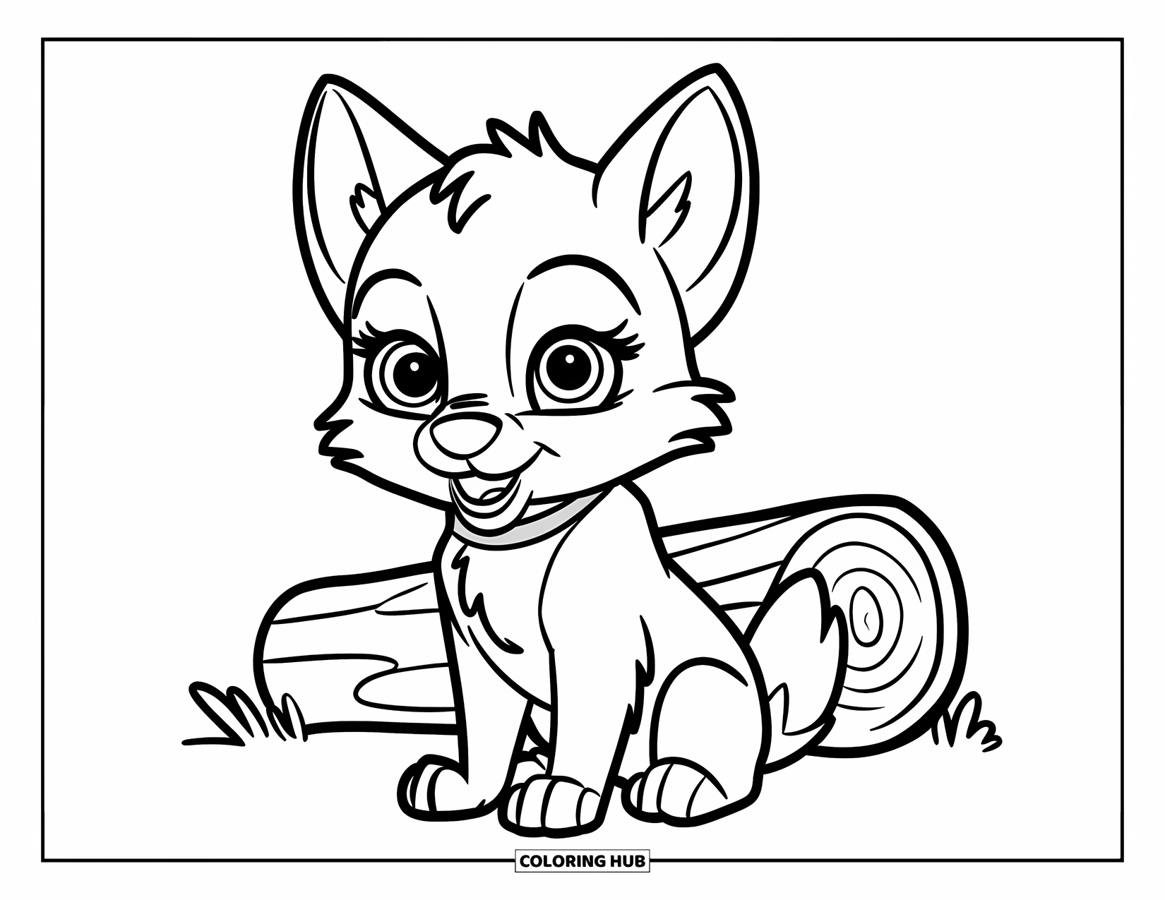 Baby Wolf Coloring Page for Kids: Wolf pup with a pink collar sits calmly near a log