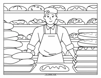 Backen-Ausmalbild für Erwachsene: Ein Bäcker in einer Bäckerei voller Teigschüsseln und Gebäck