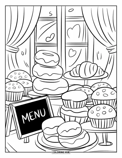 Backen-Ausmalbild für Erwachsene: Eine Bäckeitheke mit Croissants, Donuts, Muffins und einem offenen Fenster
