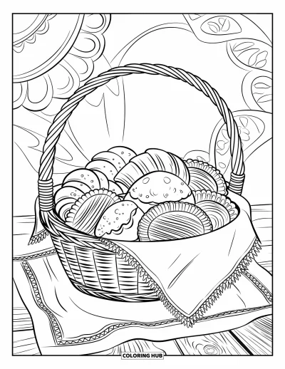 Backen-Ausmalbild für Erwachsene: Ein Korb mit Scones, Croissants und kleinen Pasteten auf einem Tuch