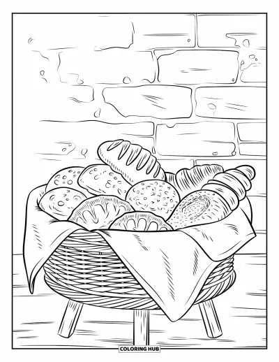 Backen-Ausmalbild für Erwachsene: Ein Korb mit Scones, Croissants und kleinen Pasteten auf einem Holzständer