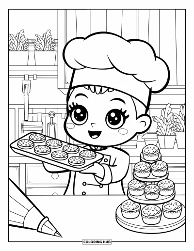 Backen-Ausmalbild für Erwachsene: Ein fröhlicher Koch balanciert ein Tablett mit Keksen neben einem Cupcake-Turm
