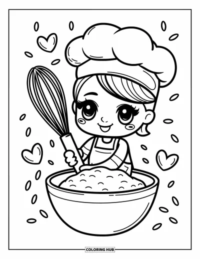 Backen-Ausmalbild für Erwachsene: Ein fröhlicher Chibi-Bäcker mit einem riesigen Schneebesen und schwebenden Herzen