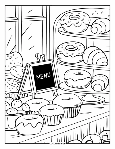 Backen-Ausmalbild für Erwachsene: Eine gemütliche Bäckeitheke voller Donuts, Muffins, Croissants und einem kleinen Menüboard