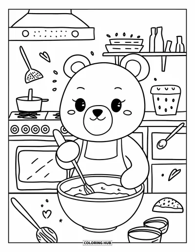 Backen-Ausmalbild für Erwachsene: Ein niedlicher Bär rührt Teig mit verspielten Backutensilien in der Nähe
