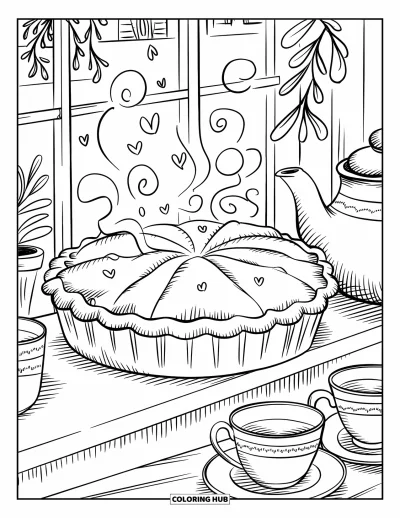 Backen-Ausmalbild für Erwachsene: Ein Kuchen kühlt auf einem Fensterbrett mit Dampfschwüngen, Herzen und Teacups