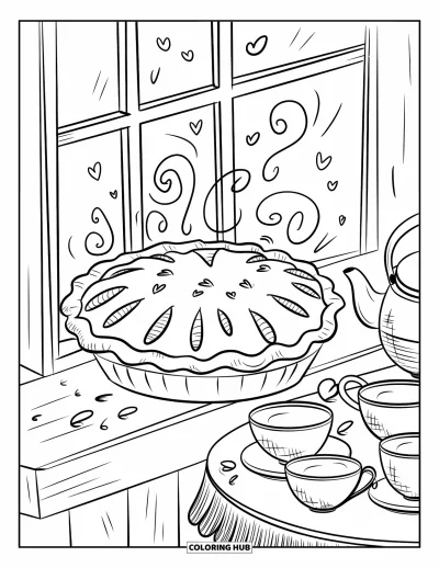 Backen-Ausmalbild für Erwachsene: Ein Kuchen kühlt auf einem Fensterbrett mit Dampfschwüngen und kleinen Herzen