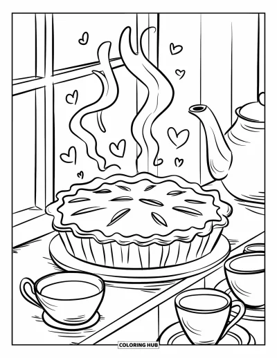 Backen-Ausmalbild für Erwachsene: Ein Kuchen auf einem Fensterbrett mit herzförmigem Dampf und einer Teekanne daneben