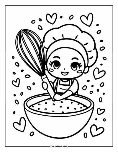 Backen-Ausmalbild für Erwachsene: Ein verspielter Chibi-Bäcker hält einen riesigen Schneebesen mit Herzen und Streuseln