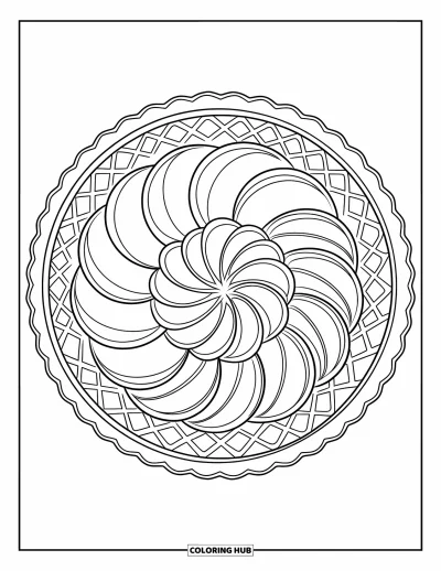 Backen-Ausmalbild für Erwachsene: Eine spiralförmige Tarte mit Gittermuster und Obstscheiben
