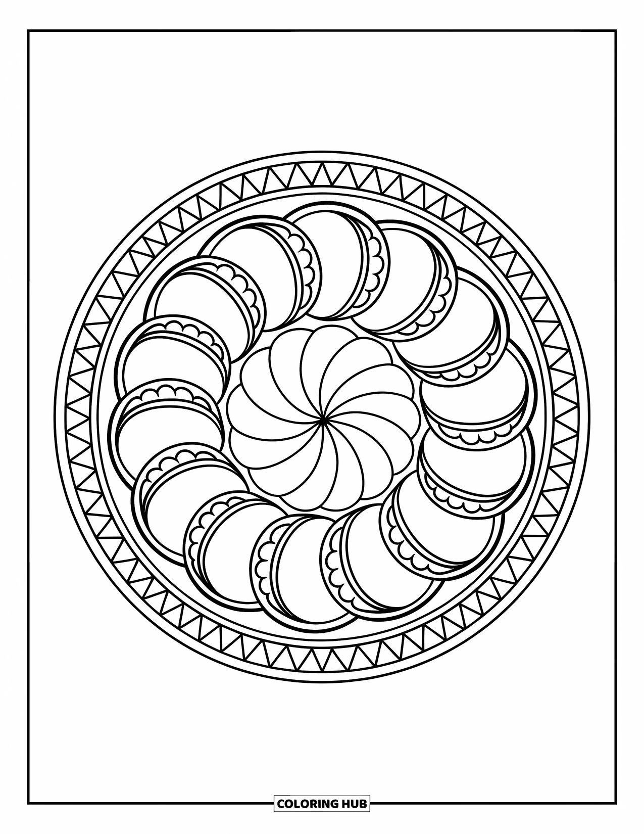 Baking Coloring Page for Adults: A tart with spiral fruit slices and a decorative border