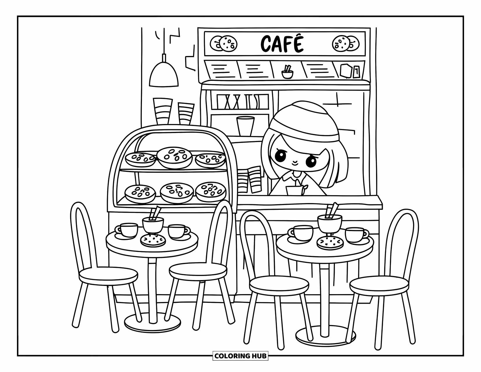 Baking Coloring Page for Adults: A warm café corner with a pastry case and a cheerful barista
