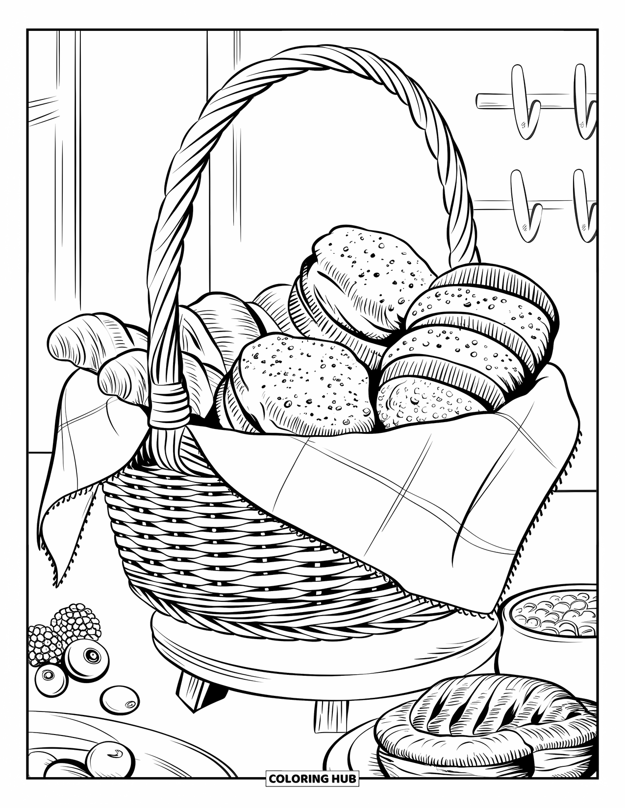 Baking Coloring Page for Adults: A wicker basket of pastries with berries and a pot of jam