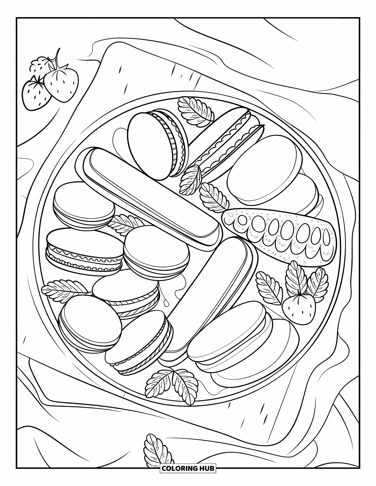 Baking Coloring Page for Adults: A wooden board platter with macarons, éclairs, petit fours, and strawberries