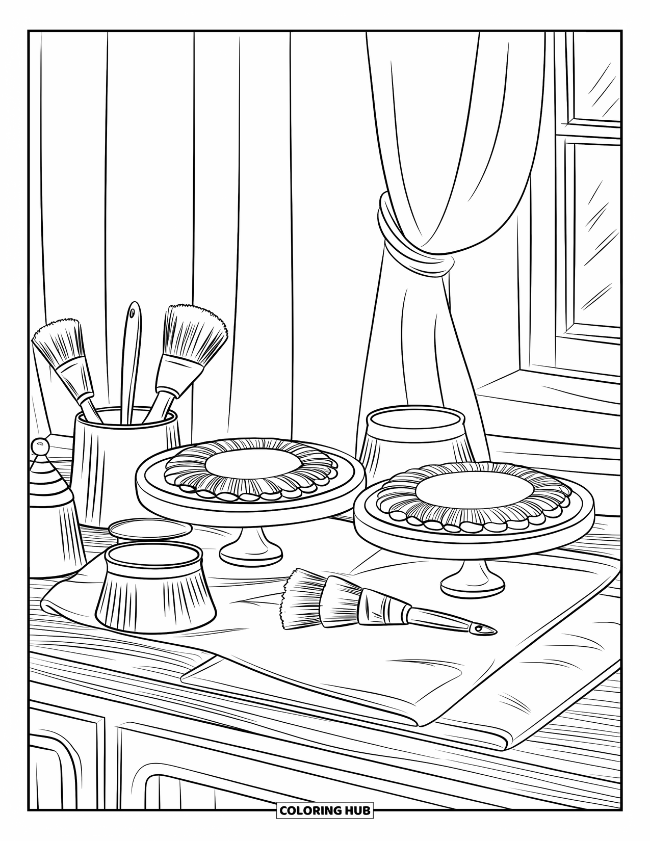 Baking Coloring Page for Adults: An artisan workstation with pastry wheels, brushes, and sugar containers