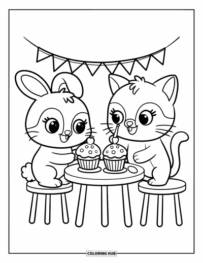 Backen-Ausmalbild für Erwachsene: Zwei Tierfreunde dekorieren fröhlich Cupcakes an einem runden Tisch