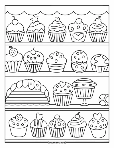 Backen-Ausmalbild für Kinder: Ein Bäckereiregal mit Cupcakes, Muffins, Keksen und einer Schokolade