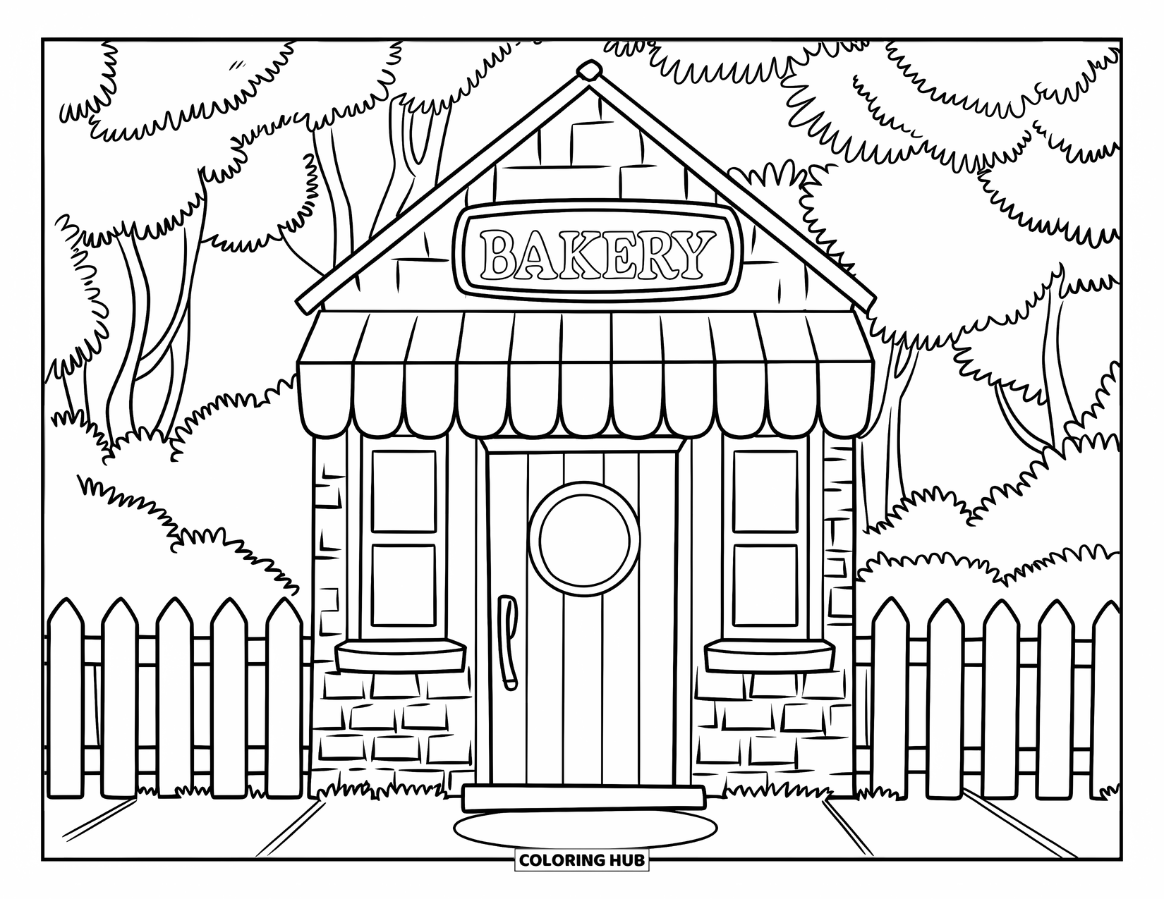 Baking Coloring Page for Kids: A bakery shop with a sign, red roof, and a wooden door