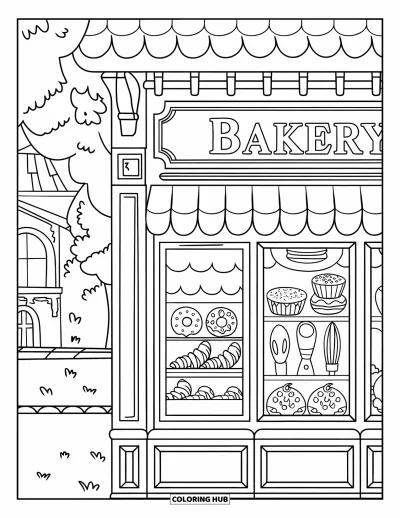 Backen-Ausmalbild für Kinder: Eine Bäckerei-Fassade mit Gebäck in den Fenstern und Backutensilien in der Nähe