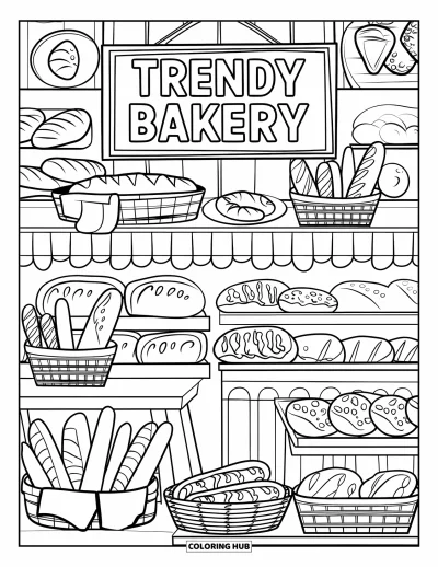 Backen-Ausmalbild für Kinder: Eine Bäckerei mit Brotkörben, Gebäck und einem Schild darüber